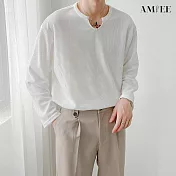 【AMIEE】慵懶風華夫格純色短袖長袖T恤(男裝/KDTY-T107S短袖/KDTY-T107M長袖) S 白色長袖