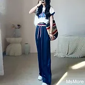 【MsMore】 網紅炸街減齡時尚圓領印花休閒運動短袖高腰闊腿長褲兩件式套裝# 116992 2XL 藍色