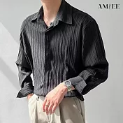 【AMIEE】皺褶條紋設計感襯衫(男裝/KDTY-C25) XL 黑色