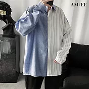 【AMIEE】男神拼接條紋襯衫(男裝/KDTY-C08) XL 藍色