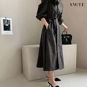 【AMIEE】古典優雅OL風系帶洋裝(KDDY-9071) XL 黑色