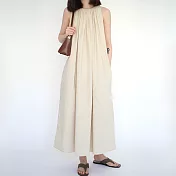 【ACheter】 海邊度假掛脖長裙新款夏寬鬆無袖背心連身長裙梨型身材洋裝 # 116977 FREE 杏色