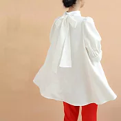 【ACheter】 夏季薄燈籠短袖蝴蝶結繫帶立領寬鬆純色條紋短版上衣# 117017 FREE 白色