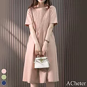 【ACheter】 韓版寬鬆設計感圓領短袖風琴褶遮肉顯瘦中長版亞麻感連身裙洋裝# 117061 M 粉紅色