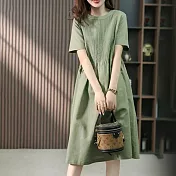 【ACheter】 韓版寬鬆設計感圓領短袖風琴褶遮肉顯瘦中長版亞麻感連身裙洋裝# 117061 M 綠色