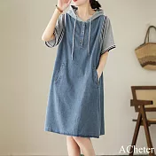 【ACheter】 中長版直筒裙寬鬆顯瘦拼接短袖連帽牛仔連身裙洋裝# 117062 M 牛仔藍色