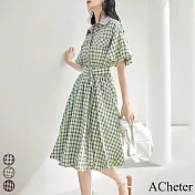 【ACheter】 復古法式格紋連身裙收腰顯瘦別致泡泡短袖中長版洋裝# 117063 M 綠色