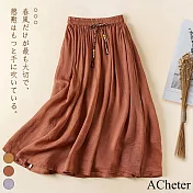 【ACheter】 文藝復古夏季中長版雙層鬆緊腰系帶百褶A字裙# 117068 XL 咖色
