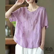 【初色】棉麻風文藝碎花刺繡寬鬆大碼短袖T恤上衣-共5色-67922(M-2XL可選) M 紫色