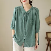 【ACheter】 襯衫七分袖上衣暗格時尚薄款洋氣純色棉麻寬鬆短版襯衫# 117372 M 綠色