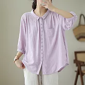 【ACheter】 襯衫七分袖上衣暗格時尚薄款洋氣純色棉麻寬鬆短版襯衫# 117372 M 紫色