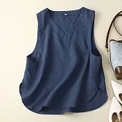 【ACheter】 休閒背心寬鬆顯瘦百搭V領文藝復古棉短版背心上衣# 117375 XL 藏青色