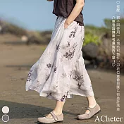 【ACheter】 文藝時尚寬鬆鬆緊高腰印花A擺半身中長裙# 117381 M 綠色