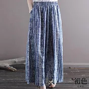 【初色】棉麻風寬鬆民族印花口袋鬆緊褲裙-花色-67044(M-2XL可選) M 花色