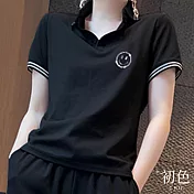 【初色】POLO領微笑燙鑽休閒T恤上衣-黑色-66764(M-2XL可選) L 黑色