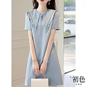 【初色】短袖荷葉領素色A字裙高腰洋裝-共2色-66793(M-2XL可選) M 天藍色