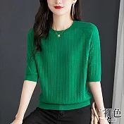 【初色】素色麻花圓領五分袖針織上衣-共4色-66803(F可選) F 綠色