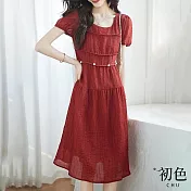 【初色】泡泡袖短袖方領收腰顯瘦中長裙連身裙洋裝-紅色-67859(M-2XL可選) L 紅色