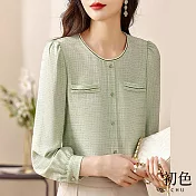 【初色】小香風優雅織帶仿襯衫上衣-綠色-66950(M-2XL可選) L 綠色