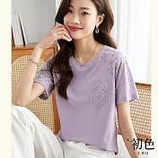 【初色】圓領蕾絲鏤空造型落肩袖T恤上衣-共3色-66947(M-2XL可選) M 紫色