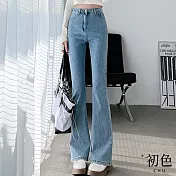 【初色】彈力高腰顯瘦喇叭牛仔褲-共2色-66975(M-2XL可選) M 淺藍