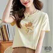 【初色】楓葉珠片印花圓領休閒T恤上衣-共2色-66942(M-2XL可選) 2XL 黃色
