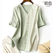 【初色】V領拼接緞面襯衫上衣-淺綠色-66874(M-2XL可選) M 淺綠色