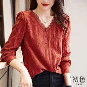 【初色】復古蕾絲花邊長袖T恤上衣-紅色-66883(M-XL可選) L 紅色