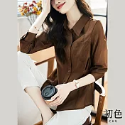 【初色】素色翻領收腰單排扣襯衫上衣-咖啡色-66921(M-2XL可選) XL 咖啡色