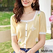 【MsMore】 甜美蝴蝶提花方領針織衫短袖薄款冰絲短版上衣# 117315 FREE 黃色