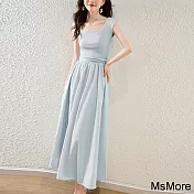 【MsMore】 藍色韓版森系甜美韓國東大門淑女方領修身抽繩設計背心連身裙長洋裝# 117404 L 藍色