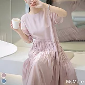 【MsMore】 寬鬆絲醋酸直筒圓領高級感連身裙短袖長版洋裝# 117405 L 紫色