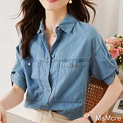 【MsMore】 氣質翻領牛仔襯衫通勤設計感可攀短袖復古短版上衣# 117413 M 藍色