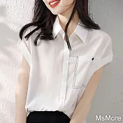 【MsMore】 休閒撞色知性襯衫夏季新款白色百搭翻領短袖寬鬆短版上衣# 117460 M 白色