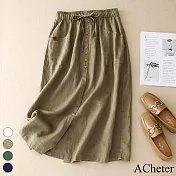 【ACheter】 A版顯瘦文藝棉麻鬆緊高腰百搭口袋中長裙# 117480 XL 卡其色