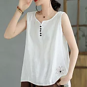 【ACheter】 復古棉麻上衣背心夏季薄款寬鬆無袖內搭刺繡前短後長百搭上衣# 117485 L 白色