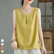 【ACheter】 復古棉麻上衣背心夏季薄款寬鬆無袖內搭刺繡前短後長百搭上衣# 117485 L 黃色
