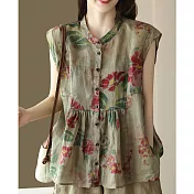 【ACheter】 新款復古印花苧麻襯衫氣質立領小飛短袖襯衫薄款短版上衣# 117550 2XL 卡其色