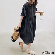 【ACheter】 日系黑色大碼復古學院風棉麻亞麻短袖圓領寬鬆連身裙減齡中長洋裝# 117548 2XL 黑色