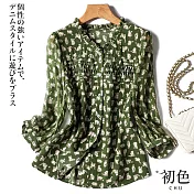 【初色】荷葉領貓咪印花單排扣長袖襯衫上衣-綠色-68300(M-2XL可選) L 綠色