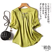 【初色】短袖圓領素色泡泡袖氣質T恤上衣-共2色-68226(M-2XL可選) M 螢光綠