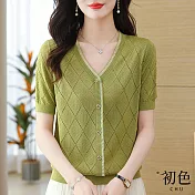 【初色】菱格鏤空蕾絲V領短袖冰絲針織開衫上衣-共4色-68212(F可選) F 綠色