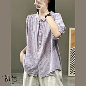 【初色】百搭寬鬆純色五分袖襯衫上衣-共8色-68256(L-XL可選) XL 紫色