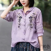 【初色】刺繡翻領圓領半透排釦五分袖短袖開衫襯衫上衣-共3色-68266(M-2XL可選) L 紫色
