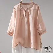 【初色】寬鬆復古文藝棉麻風薄上衣-共5色-67360(M-2XL可選) L 粉色