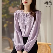 【初色】圓領刺繡燈籠袖素色襯衫上衣-共3色-67063(M-2XL可選) M 紫色