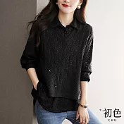 【初色】翻領蕾絲拼接假兩件寬鬆薄款針織上衣-共5色-67053(M-2XL可選) 2XL 黑色