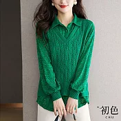 【初色】翻領蕾絲拼接假兩件寬鬆薄款針織上衣-共5色-67053(M-2XL可選) L 綠色