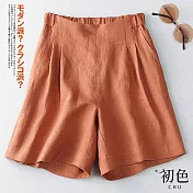 【初色】夏季後鬆緊腰棉麻風直筒短褲寬褲-共2色-67856(M-2XL可選) M 橘紅