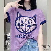【初色】貓咪印花冰絲薄款撞色短袖圓領針織上衣-共5色-68243(F可選) F 紫色